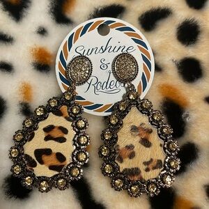 Sunshine & Rodeo- gold colored leopard tear drop earrings w/gold jewels & posts